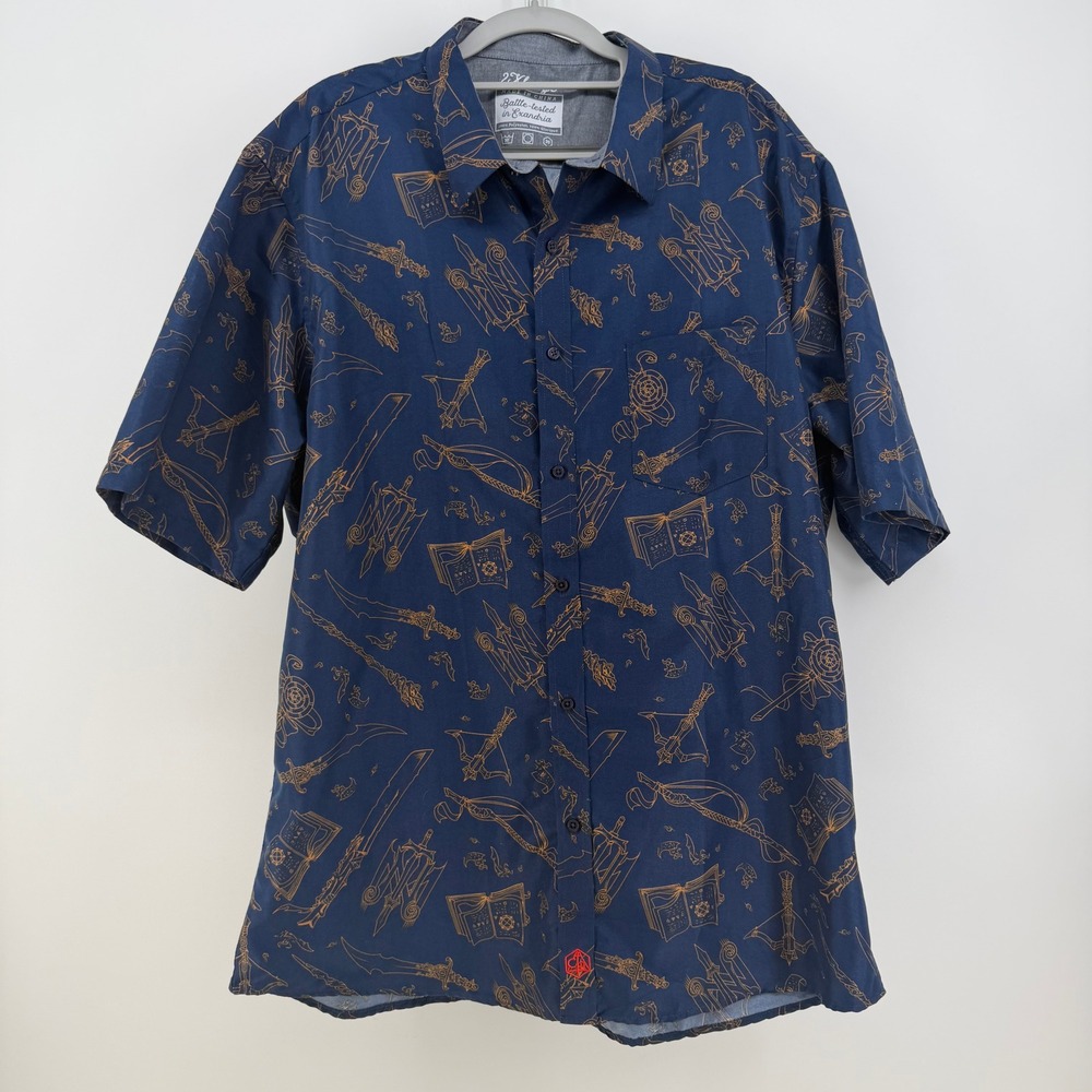 Critical Role Button Down Men 2XL Navy Blue Fantasy Weapon Exandria RPG Roleplay